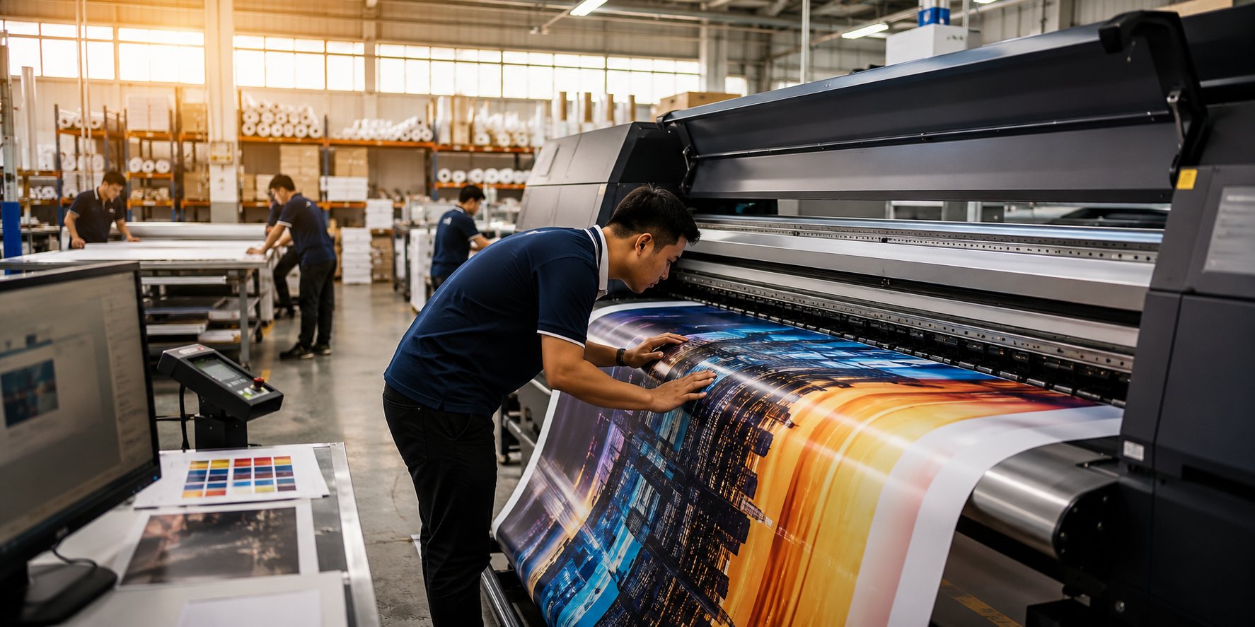 Operator checking colour on a wide-format print run at JeRaff Advertising