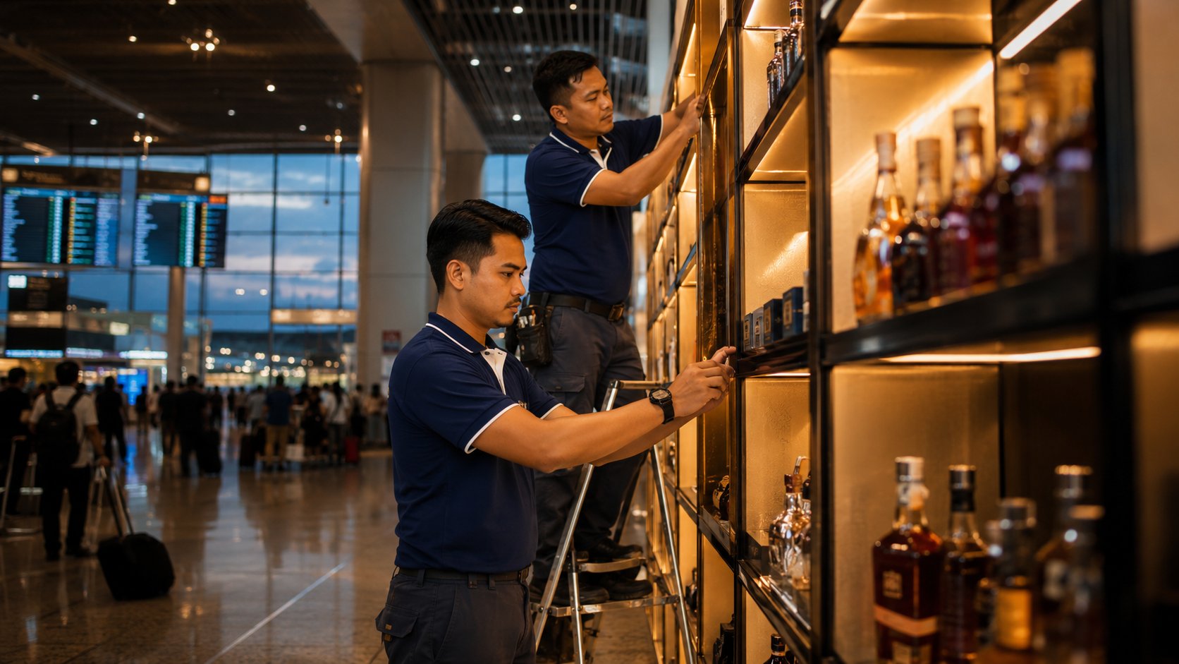 JeRaff Group technicians installing an illuminated duty-free display in an airport terminal
