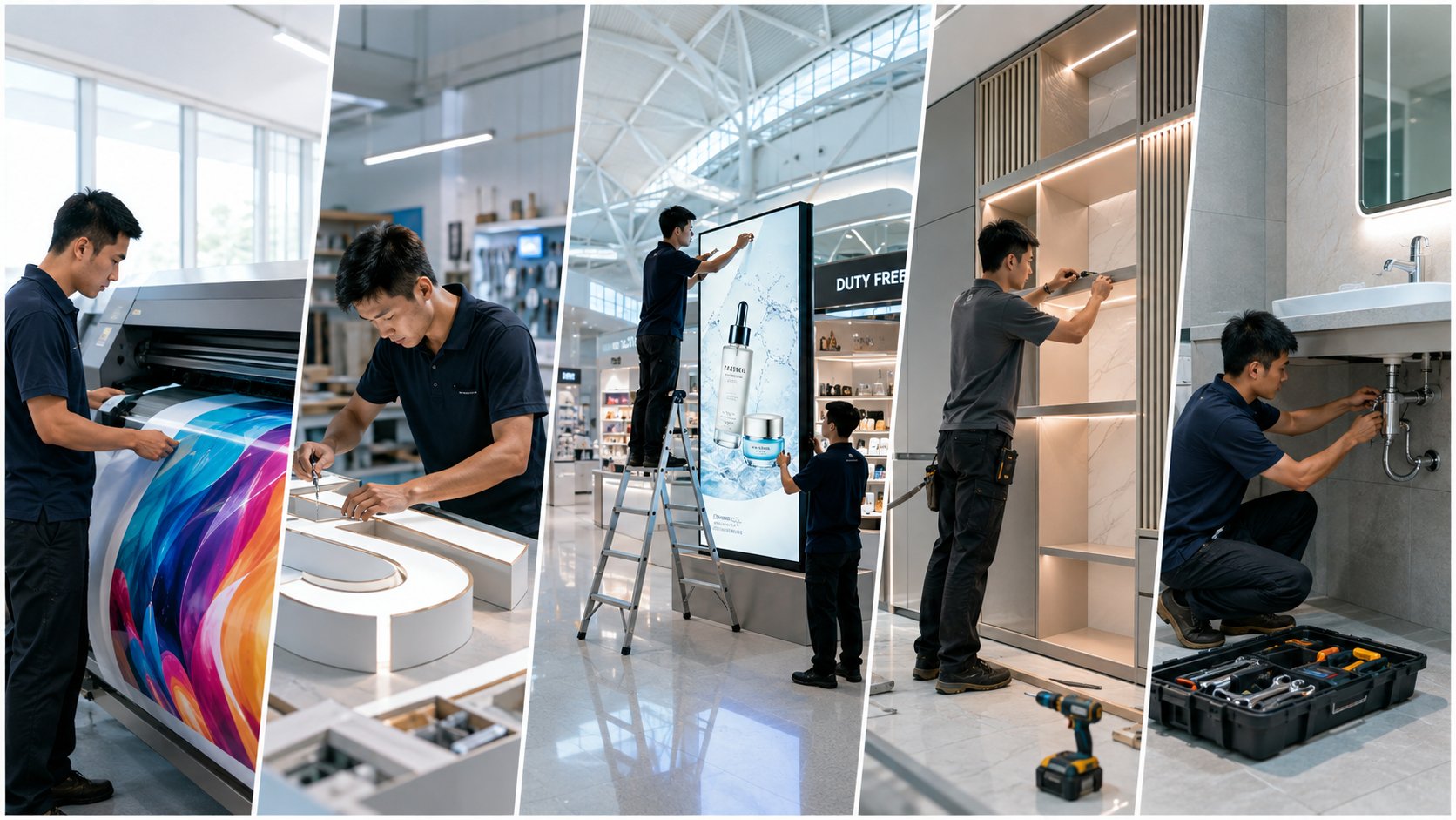 Five JeRaff Group disciplines: wide-format printing, channel letter fabrication, duty-free display installation, retail fit-out and commercial maintenance