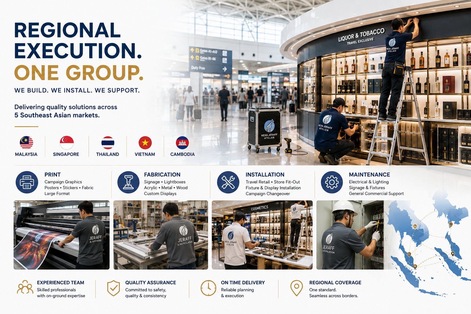 Regional capability overview — print, fabrication, installation and maintenance across five Southeast Asian markets