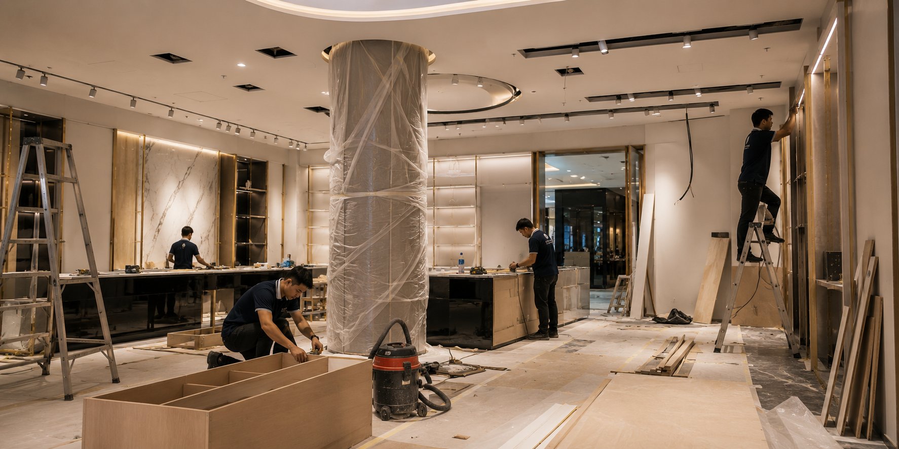 Intellanine Design Studio crew carrying out a retail interior fit-out, with custom carpentry and protected finishes