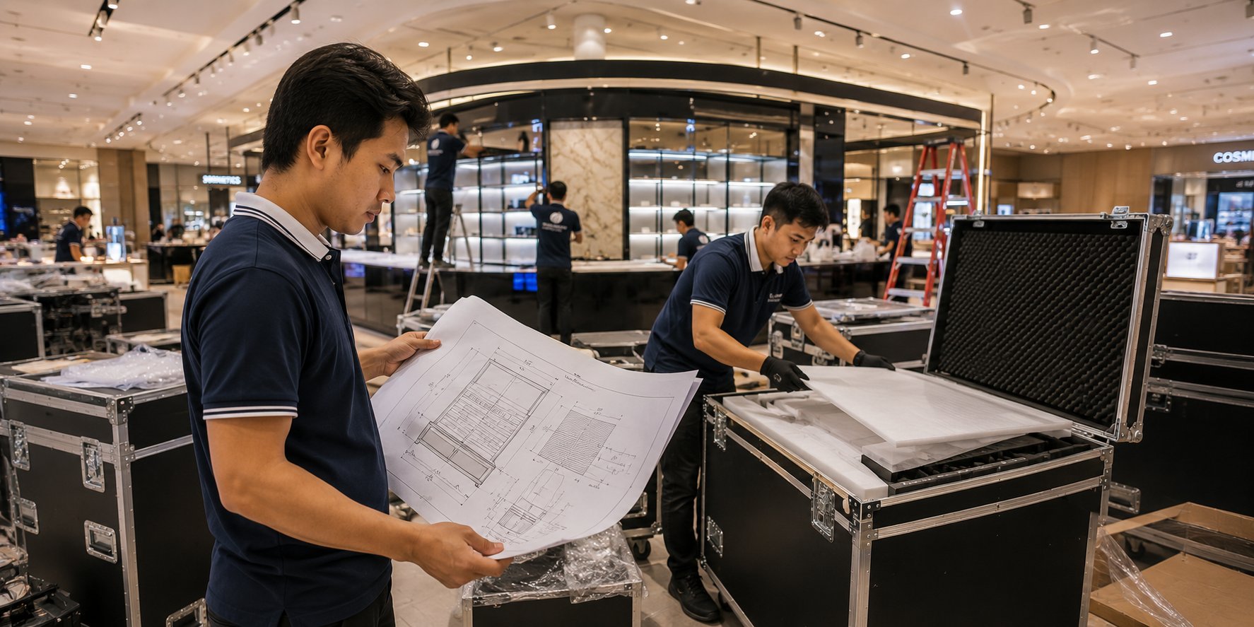 Nexa JeRaff Atelier crew checking technical drawings during a retail display installation